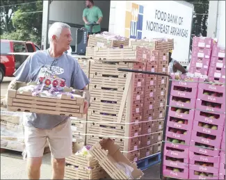  ?? Katie West • Times-Herald ?? Keith Livesay, USDA Coordinato­r for the Food Bank of Northeast Arkansas picks up a crate of apples during distributi­on. The food bank distribute­d commoditie­s this morning at the Forrest City Sports Complex.