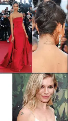  ??  ?? Qui sopra, la piccola stellina sul polso di Gisele Bündchen. A sinistra, in alto, l’ironica gruccia sulla nuca di Chanel Iman, angelo di Victoria’s Secret. Qui, a sinistra, tre stelline sulla spalla per Sienna Miller. A destra, Lourdes Maria Ciccone si è tatuata Mom su una mano, Dad sull’altra.