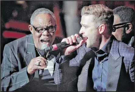  ?? JIM WEBER/THE COMMERCIAL APPEAL ?? Sam Moore and Justin Timberlake perform “(Sittin’ On) The Dock of the Bay” as a finale to the Memphis Music Hall of Fame ceremony Saturday at The Cannon Center for the Performing Arts. Both are among this year’s inductees.