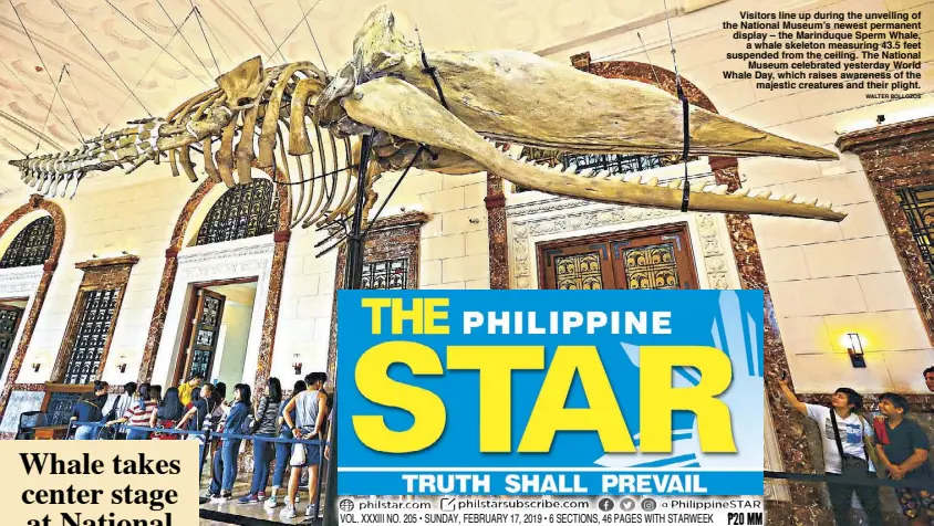  ?? WALTER BOLLOZOS ?? Visitors line up during the unveiling of the National Museum’s newest permanent display – the Marinduque Sperm Whale, a whale skeleton measuring 43.5 feet suspended from the ceiling. The National Museum celebrated yesterday World Whale Day, which raises awareness of the majestic creatures and their plight.