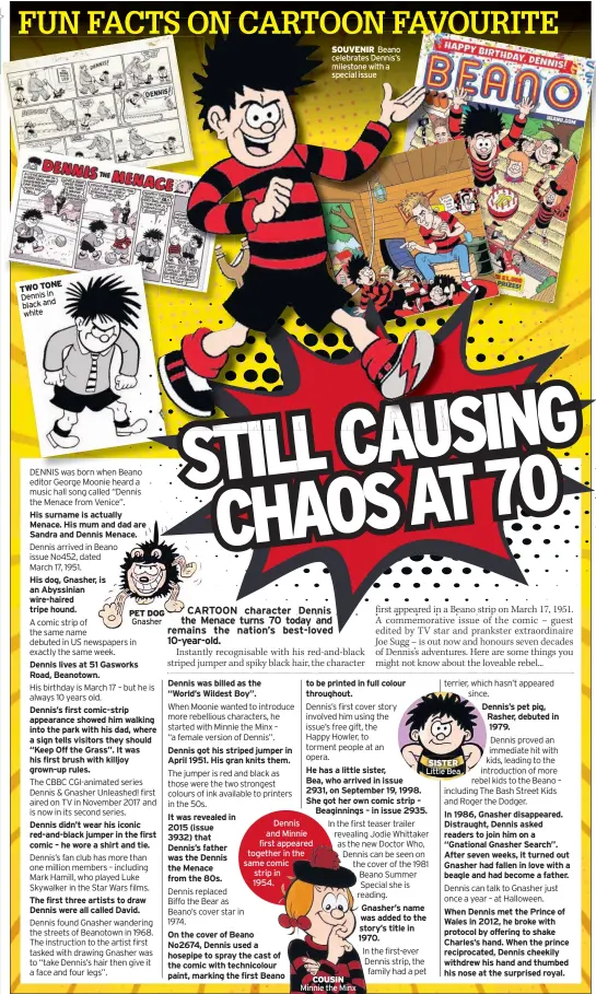  ??  ?? TWO TONE Dennis in black and white
PET DOG Gnasher
SOUVENIR Beano celebrates Dennis’s milestone with a special issue