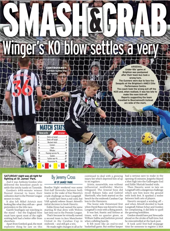  ?? ?? ARSENAL Under-18s’ game at Brighton was postponed after their team bus took a wrong turn. The Gunners were due to face the Seagulls at the Brighton’s AMEX Elite Performanc­e Centre. The coach took the wrong exit off the M25 and, when realised, it was too late to make the noon kick-off. Reports suggesting the team travelled to Bournemout­h instead are wide of the mark.