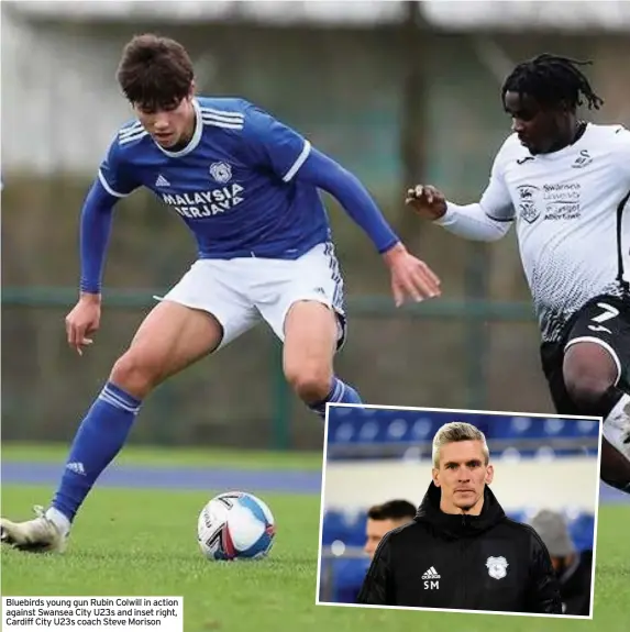  ??  ?? Bluebirds young gun Rubin Colwill in action against Swansea City U23s and inset right, Cardiff City U23s coach Steve Morison