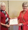  ?? (Special to The Commercial) ?? Sheila Beatty-Krout (left) receives a certificat­e from Sharon Stanley Wyatt with Continenta­l Society Daughters of Indian Wars.