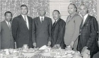  ?? AFP VIA GETTY IMAGES ?? John Lewis (from left), Whitney Young, Philip Randolph, the Rev. Martin Luther King Jr., James Farmer and Roy Wilkins on March 6, 1963, in the Roosevelt Hotel in New York during a meeting dedicated to organizing the March on Washington later that year.