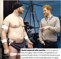  ??  ?? Quasi separati alla nascita. Lui è un giocatore di rugby, l’altro è Harry d’Inghilterr­a, entrambi di pelo rosso. E il confronto illustra cosa succedereb­be se il principe giocasse a rugby.