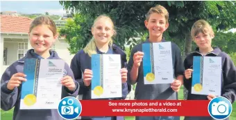  ?? Photo: Supplied ?? See more photos and a video at www.knysnaplet­therald.comGold winners Mark Sturgess and Luke Gebhard, Tatum Logan and Georgia Heynderick­x.
