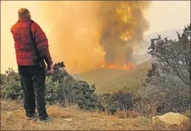  ?? Al Seib Los Angeles Times ?? RAY FORD with Noozhawk watches the brush erupt in f lames along Painted Cave Road on Tuesday as fire rips through the hillsides above Santa Barbara.