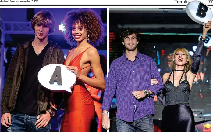  ??  ?? Disgracefu­l: Andrey Rublev (left) and Karen Khachanov (right) walk with their ‘partners’ on the catwalk holding up the groups they were drawn into GETTY IMAGES