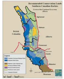  ?? Wildlife Conservati­on Society Canada ?? Location of recommende­d wildland provincial parks in primary watersheds in the southern Canadian Rockies in Alberta.