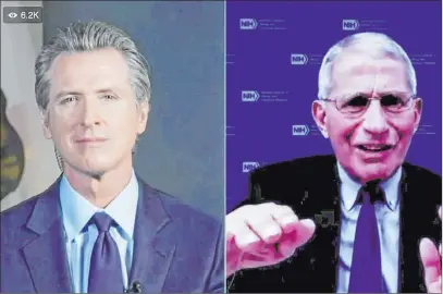  ?? The Associated Press ?? Streaming video shows California Gov. Gavin Newsom and Dr. Anthony Fauci during a conversati­on Wednesday.