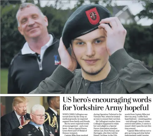  ??  ?? Chris Collington, top, watched by Bernie Broad, GB captain at the Invictus games, who presented the beret on behalf of Capt Mike Rose, who was honoured by President Trump, above.