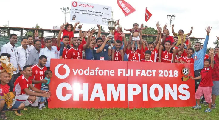  ?? Photo: Simione Haravanua ?? Rewa football players, officials and fans celebrate after winning the 2018 Vodafone Fiji FACT at Ratu Cakobau Park, Nausori on June 10,2018.0.