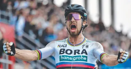  ?? Picture: AFP ?? BITTERSWEE­T: Peter Sagan celebrates winning the 116th edition of the Paris-Roubaix one-day classic