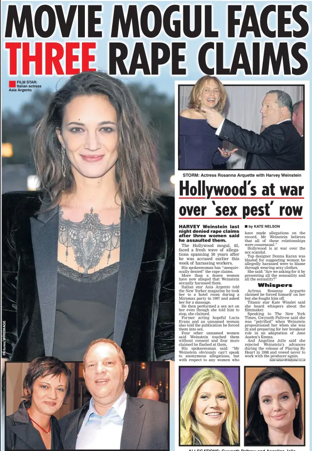  ??  ?? ®Ê FILM STAR: Italian actress Asia Argento SHOW BOSS: Actress Asia Argento pictured with producer Weinstein STORM: Actress Rosanna Arquette with Harvey Weinstein ALLEGATION­S: Gwyneth Paltrow and Angelina Jolie