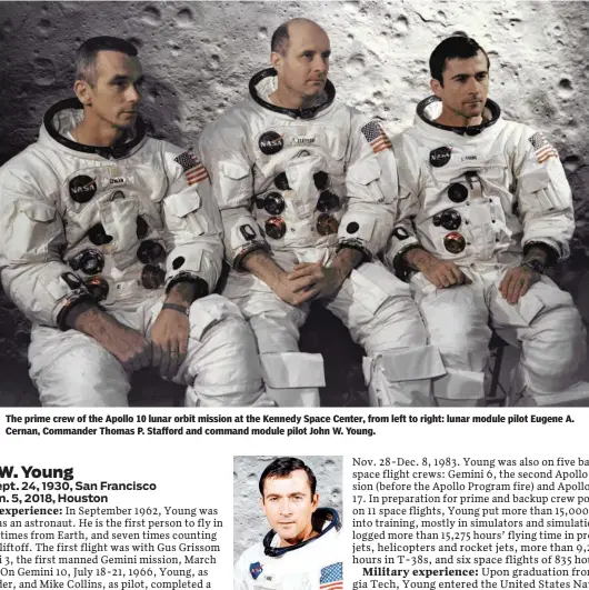  ??  ?? The prime crew of the Apollo 10 lunar orbit mission at the Kennedy Space Center, from left to right: lunar module pilot Eugene A. Cernan, Commander Thomas P. Stafford and command module pilot John W. Young.