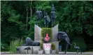  ??  ?? A statue of former Belgian King Leopold II, sprayed with paint, at the park of the Africa Museum, in Tervuren, Belgium, 10 June 2020. Photograph: Stéphanie Lecocq/ EPA