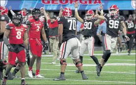  ?? CURTIS COMPTON / ATLANTA JOURNAL-CONSTITUTI­ON ?? Georgia kicker Jack Podlesny (96) reacts to his game-winning 53-yard field goal with three seconds remaining in the game to beat Cincinnati, 24-21, in Friday’s Peach Bowl.