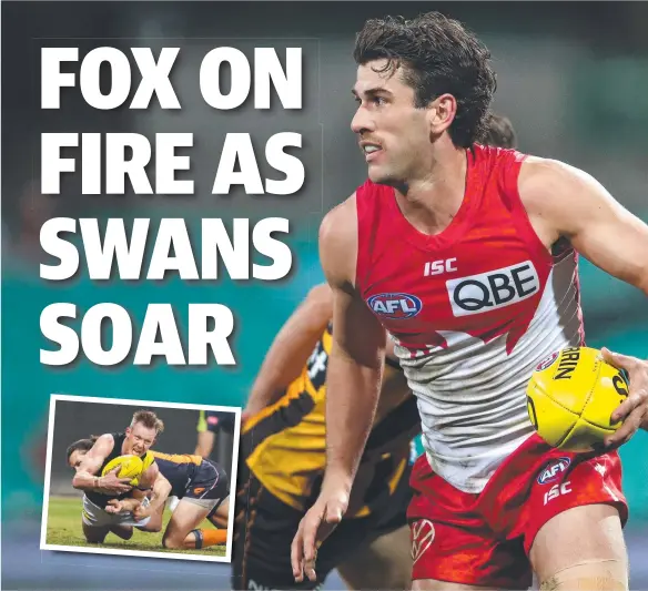  ??  ?? SHARP SHOWING: Robbie Fox impressed as the young Swans took down Hawthorn at the SCG on Saturday. Inset, Jack Riewoldt.