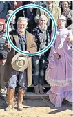  ?? ?? Halyna Hutchins, pictured at Cannes Film Festival in 2017, died after being shot by a prop gun fired by Alec Baldwin. Left, he poses with her and the rest of the cast of Rust at the Bonanza Creek Ranch film set near Santa Fe, New Mexico. Right, the actor distraught outside the Santa Fe county sheriff’s office after giving a statement