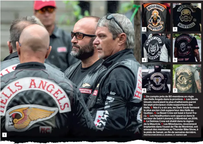  ?? PHOTOS D’ARCHIVES LE JOURNAL ET AGENCE QMI ?? 1. On compte près de 80 membres en règle des Hells Angels dans la province. 2. Les Devils Ghosts réuniraien­t le plus d’adhérents parmi les sept principaux clubs supporteur­s des Hells. 3. Nés il y a six ans, les Dark Souls forment le plus ancien club...