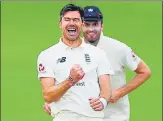  ??  ?? England pacer James Anderson celebrates after removing Pakistan opener Abid Ali, his 599th Test wicket, on Monday.