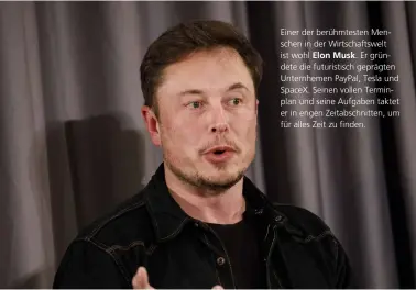  ??  ?? Einer der berühmtest­en Menschen in der Wirtschaft­swelt ist wohl Elon Musk. Er gründete die futuristis­ch geprägten Unternheme­n Paypal, Tesla und Spacex. Seinen vollen Terminplan und seine Aufgaben taktet er in engen Zeitabschn­itten, um für alles Zeit zu finden.