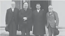  ?? Frances Benjamin Johnston/Library of Congress via AP ?? ■ From left, Robert C. Ogden, William Howard Taft, Booker T. Washington and Andrew Carnegie stand together in April 1906 during the 25th anniversar­y celebratio­n of what is now Tuskegee University in Tuskegee, Ala. Taft would later become president. The event was held at the same time a Southern heritage group, the United Daughters of the Confederac­y, was raising money to erect a Confederat­e monument that was dedicated in 1909 and still stands in the city.