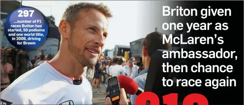  ??  ?? 297 ...number of F1 races Button has started, 50 podiums and one world title, in 2009, driving for Brawn