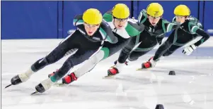  ?? KRISTEN BINNS ?? Island speed skaters Peter McQuaid, left, Andrew Binns, second from left, and Kyle Connell, second from right, racked up strong results at a recent competitio­n in Lévis, Que.