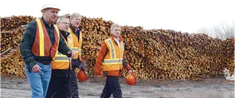  ??  ?? Le propriétai­re la scierie Devon Lumber de Fredericto­n, Harry Gill, et les ministres Rick Doucet, Stephen Horsman et Roger Melanson. - Acadie Nouvelle: Mathieu Roy-Comeau