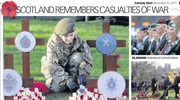  ?? Pic Andrew Milligan/PA ?? TRIBUTE Scots Guards Army cadet Nathan Skinner pays his respects in the capital GLASGOW Veterans at Central Station