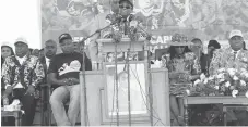  ??  ?? President Mugabe addresses youths during the Presidenti­al youth interface rally at Somhlolo Stadium in Lupane, on Friday