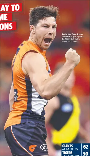  ?? Picture: GETTY IMAGES ?? Giants star Toby Greene celebrates a goal against the Tigers last night.