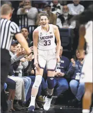  ?? Jessica Hill / Associated Press ?? UConn’s Katie Lou Samuelson reacts toward an official during Wednesday’s 79-39 win over SMU in Storrs. Samuelson had 21 points in the victory.