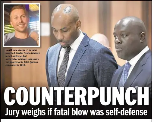  ??  ?? punched Sandor Szabo (above) in self-defense, but prosecutor­s charge Jones was the aggressor in fatal Queens encounter in 2018.