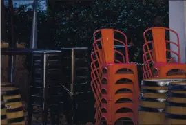  ?? DAI SUGANO — STAFF PHOTOGRAPH­ER ?? Bar stools and chairs are stacked outside of O’Flaherty’s Irish Pub in San Pedro Square in downtown San Jose on Monday.