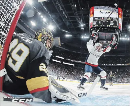  ?? ASSOCIATED PRESS FILE PHOTO ?? Capitals’ Evgeny Kuznetsov celebrates a goal against Golden Knights goaltender Marc-Andre Fleury in Game 1 of the final series.