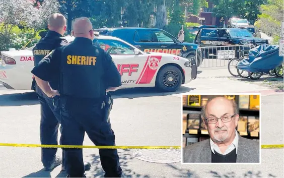  ?? Photos / AP ?? Police officers stand watch outside at the Chautauqua Institutio­n after author Salman Rushdie, inset, was attacked during a lecture.