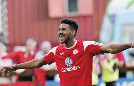  ??  ?? Jonah Ayunga celebrates giving Rovers the lead against Galway United on Saturday evening. Pics: Carl Brennan.