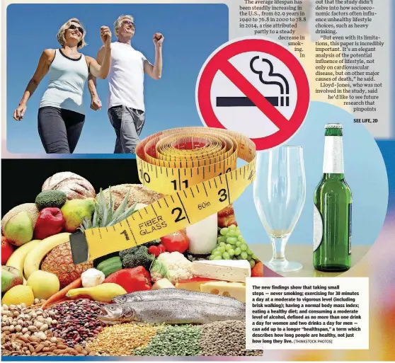  ?? [THINKSTOCK PHOTOS] ?? The new findings show that taking small steps — never smoking; exercising for 30 minutes a day at a moderate to vigorous level (including brisk walking); having a normal body mass index; eating a healthy diet; and consuming a moderate level of alcohol,...