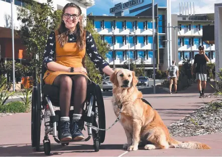  ??  ?? Erin Condren with Lacey at Griffith University and, below, before Erin’s graduation from high school. Picture: STEVE HOLLAND