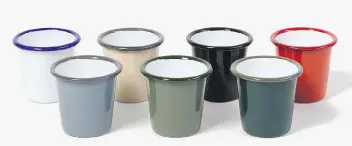  ?? FALCON ?? Falcon Enamelware’s mini tumblers (US$8 each, us.falconenam­elware.com). Enamelware is “incredibly versatile,” says Falcon’s creative director Emma Young. “It’s urban and rural ... casual and refined. It’s universal.”