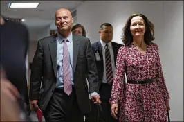  ?? ALEX WONG / GETTY IMAGES ?? Gina Haspel, President Donald Trump’s nominee to be director of the CIA, arrives Monday with White House Director of Legislativ­e Affairs Marc Short for a meeting with U.S. Sen. Joe Manchin, D-WV, on Capitol Hill. Haspel will have a confirmati­on hearing...