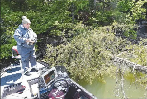  ??  ?? Bob Carnes of Rogers works a crappie jig vertically on May 8 near a toppled cedar tree while fishing for crappie at Beaver Lake. The chilly, blustery day doled out challengin­g fishing conditions, but Carnes was up to the task. He caught several crappie in the Horseshoe Bend area.
(NWA Democrat-Gazette/Flip Putthoff)