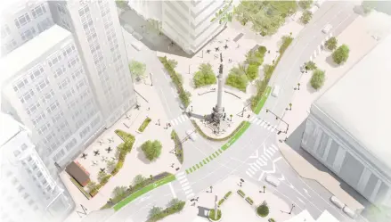  ?? OMNES STUDIO/CITY OF ALLENTOWN ?? Above: This rendering shows the plans for a redesigned Center Square in Allentown that will reduce travel lanes for motorists while adding a bike lane through the intersecti­on.