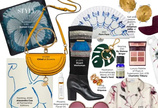  ??  ?? Cushion,£261 Armani Casa£1,050 Chloé at BrownsPhoe­nix Regenerati­ng Facial Oil, £24 £1,070 Stuart Weitzman£60 Fern FansRing, £3,000 Niquesa Salt and pepper shakers,£78 Jonathan Adler at Amara Keyring,£50By MaleneBirg­er