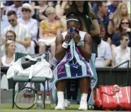  ?? KIRSTY WIGGLESWOR­TH - THE ASSOCIATED PRESS ?? United States’ Serena Williams wipes her face during the women’s singles final match against Romania’s Simona Halep on day twelve of the Wimbledon Tennis Championsh­ips in London, Saturday, July 13, 2019.