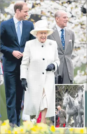  ?? Picture: PA. ?? The Queen, escorted by the Duke of Cambridge and Duke of Edinburgh, unveiled a statue of two royal horses in Windsor yesterday. The statue was paid for by £200,000 of public donations to mark the 60th anniversar­y of the Queen’s coronation and is based...