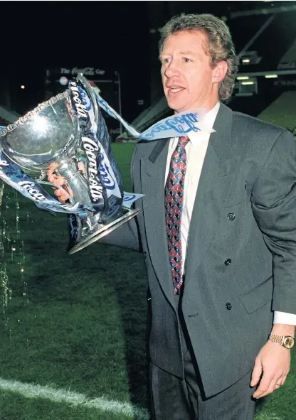  ?? Pictures: SNS ?? Raith boss Jimmy Nicholl with the Coca-cola Cup after the club’s penalty shoot-out win over Celtic in 1994. The other pictures show the team celebratin­g their triumph, Rovers heroes, from left, Gordon Dalziel, Scott Thomson and Stevie Crawford with the trophy, and Dalziel heading home his late equaliser to take the game to extra-time.